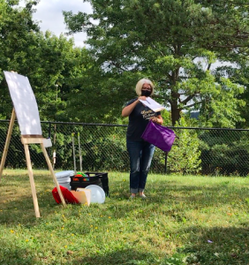 A teacher engaged in outdoor learning at a Portland Public School in 2020.