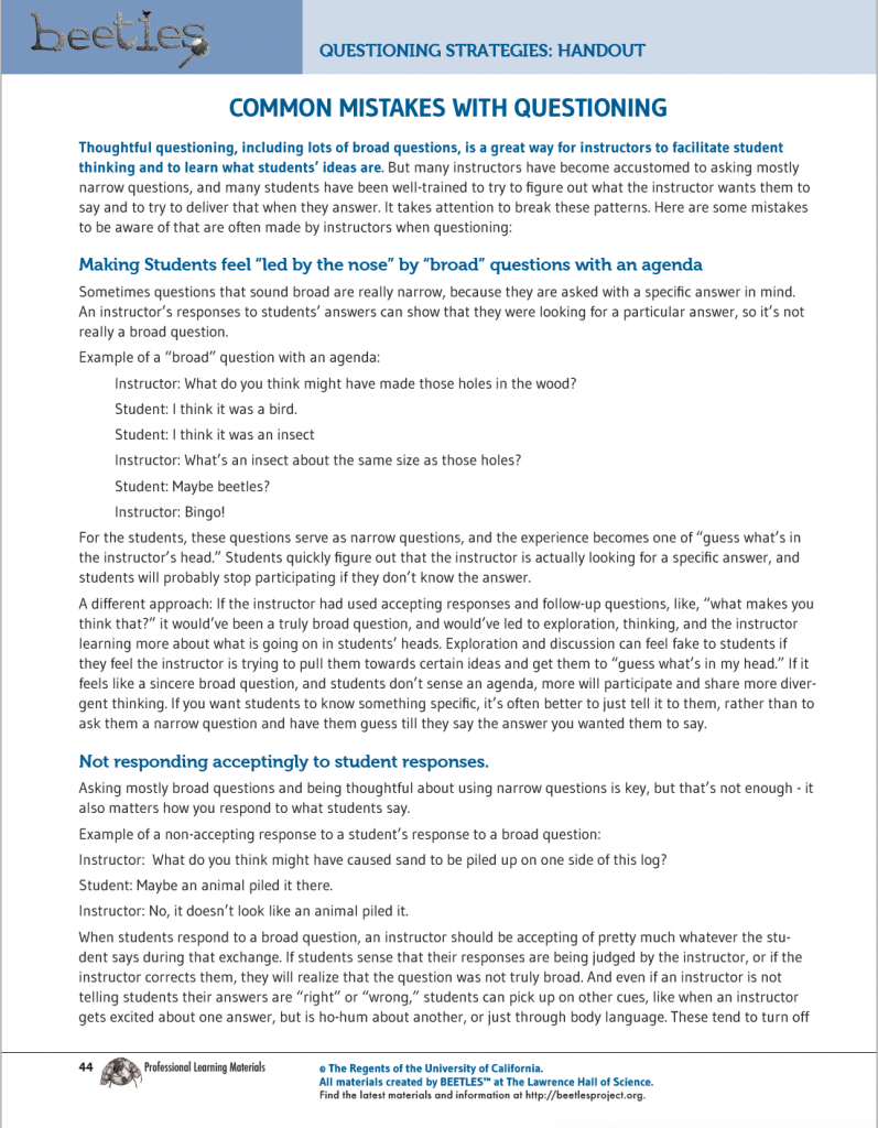 Questioning Bombarding Beetles Project Questioning Strategies - Beetles Project