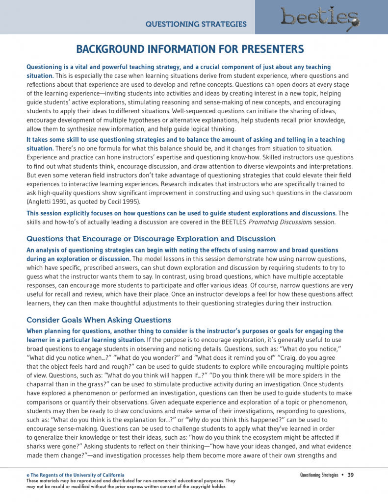 Beetles Project Questioning Strategies - Beetles Project