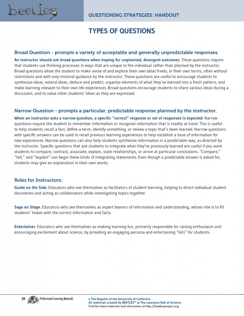 Beetles Project Questioning Strategies - Beetles Project